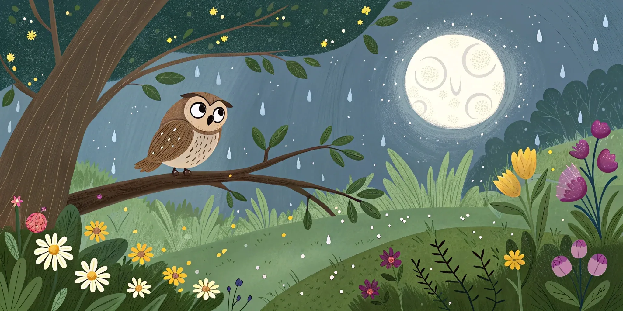 A peaceful garden scene with a watchful owl