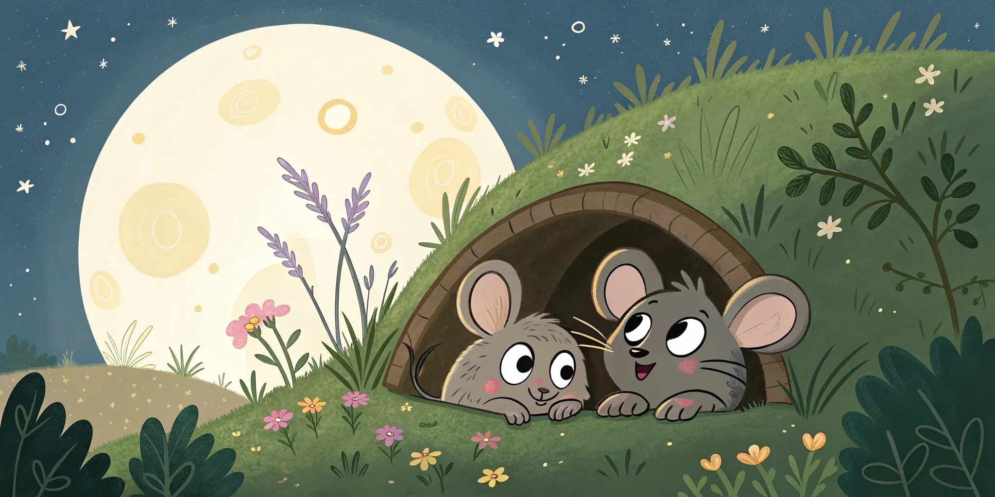 A cozy mouse burrow illuminated by moonlight