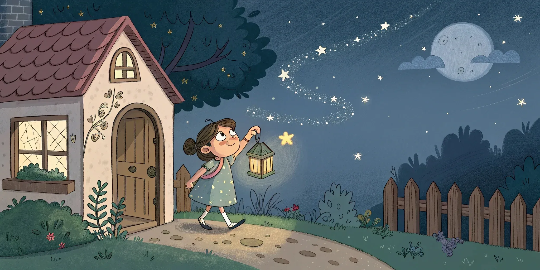 Aria stepping out of her quaint cottage, her magical lantern softly illuminating her path under a twinkling sky