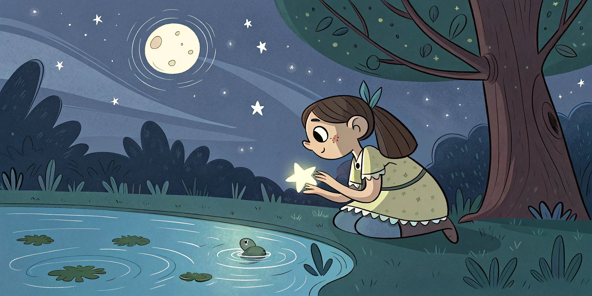 Aria kneeling by the shimmering pond, cradling a tiny, glowing star, while soft ripples reflect its light