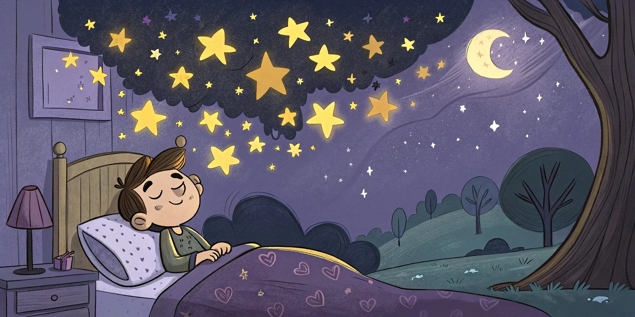 Ben snuggled in his cozy bed with a gentle smile on his face, while a dream bubble shows glimpses of the enchanted forest, his forest friends, and the glowing Heart of Dreams