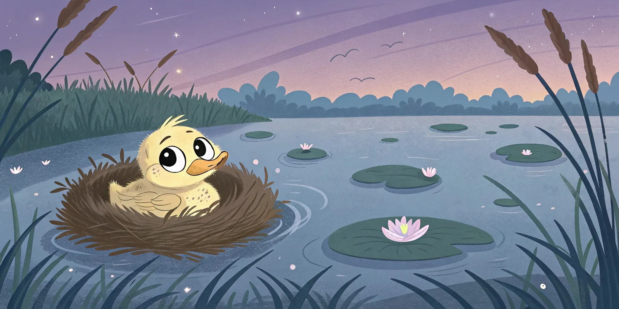 A peaceful pond at dusk with a cozy duckling nest