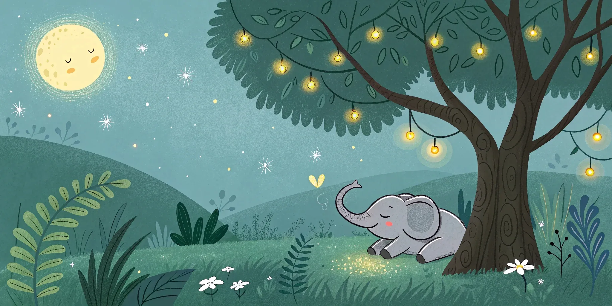 A soft, warm illustration of a cozy jungle at twilight, with gentle glowing fireflies and a small elephant resting under a leafy tree