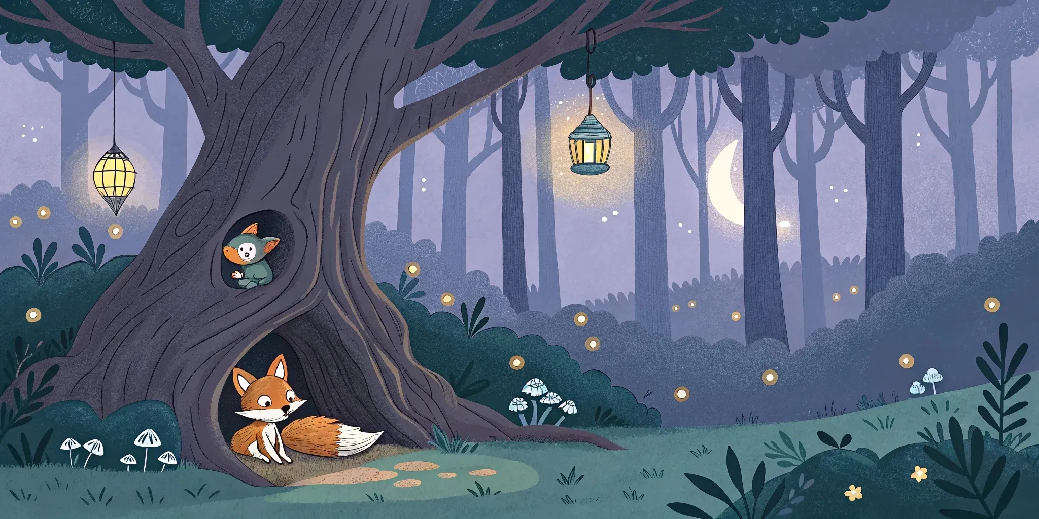 A cozy, moonlit forest with soft glows and gentle shadows, showing a small fox den tucked under a large oak tree