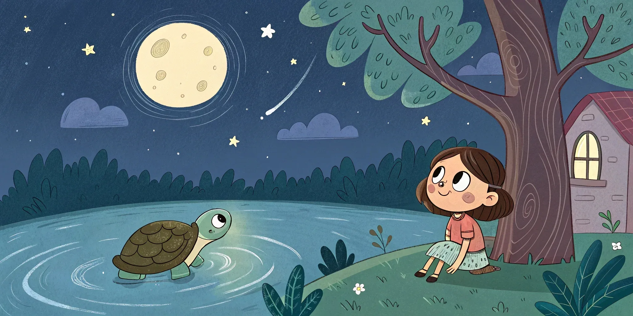 A serene scene of the Crystal Pond with gentle ripples, Tilly the tortoise sitting peacefully by its edge, while Aria listens intently