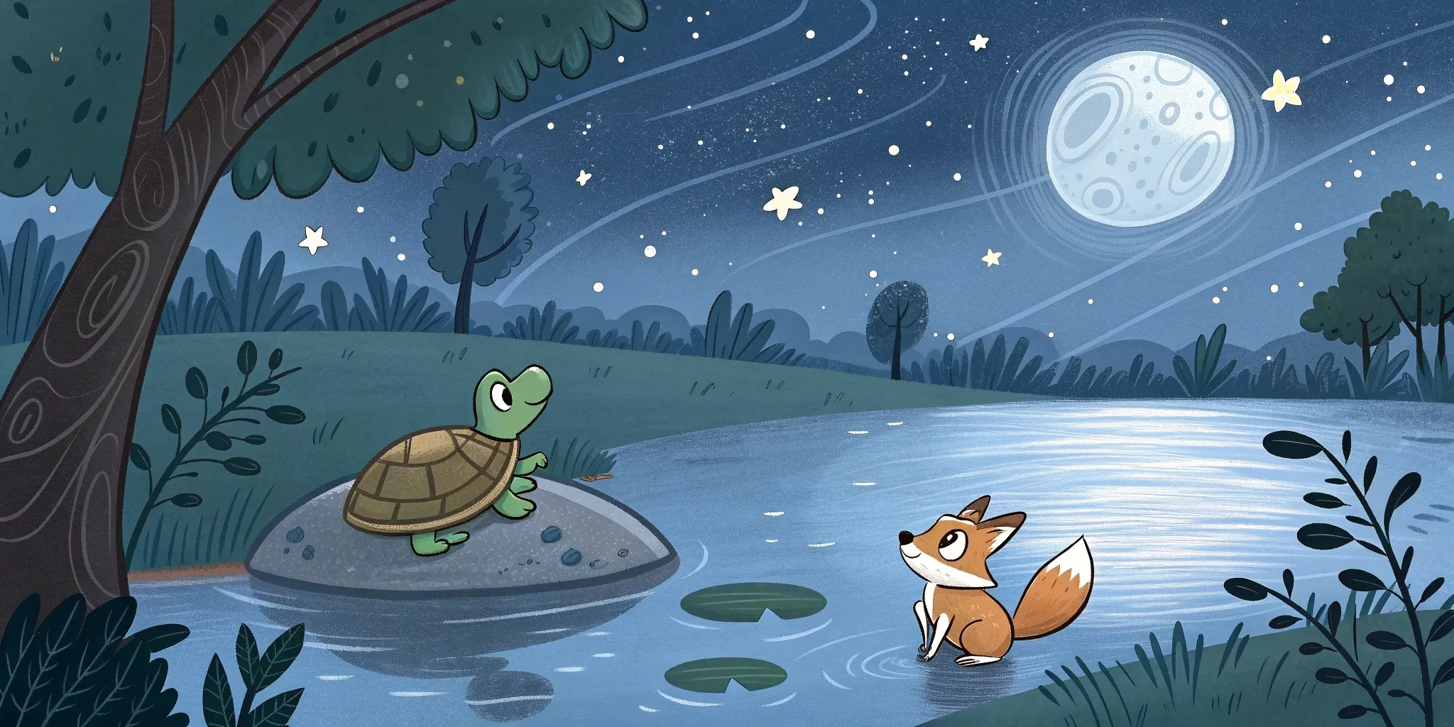 A calm, shimmering pond reflecting a moonlit sky, with Toby the turtle resting on a smooth rock and Milo peering into the water