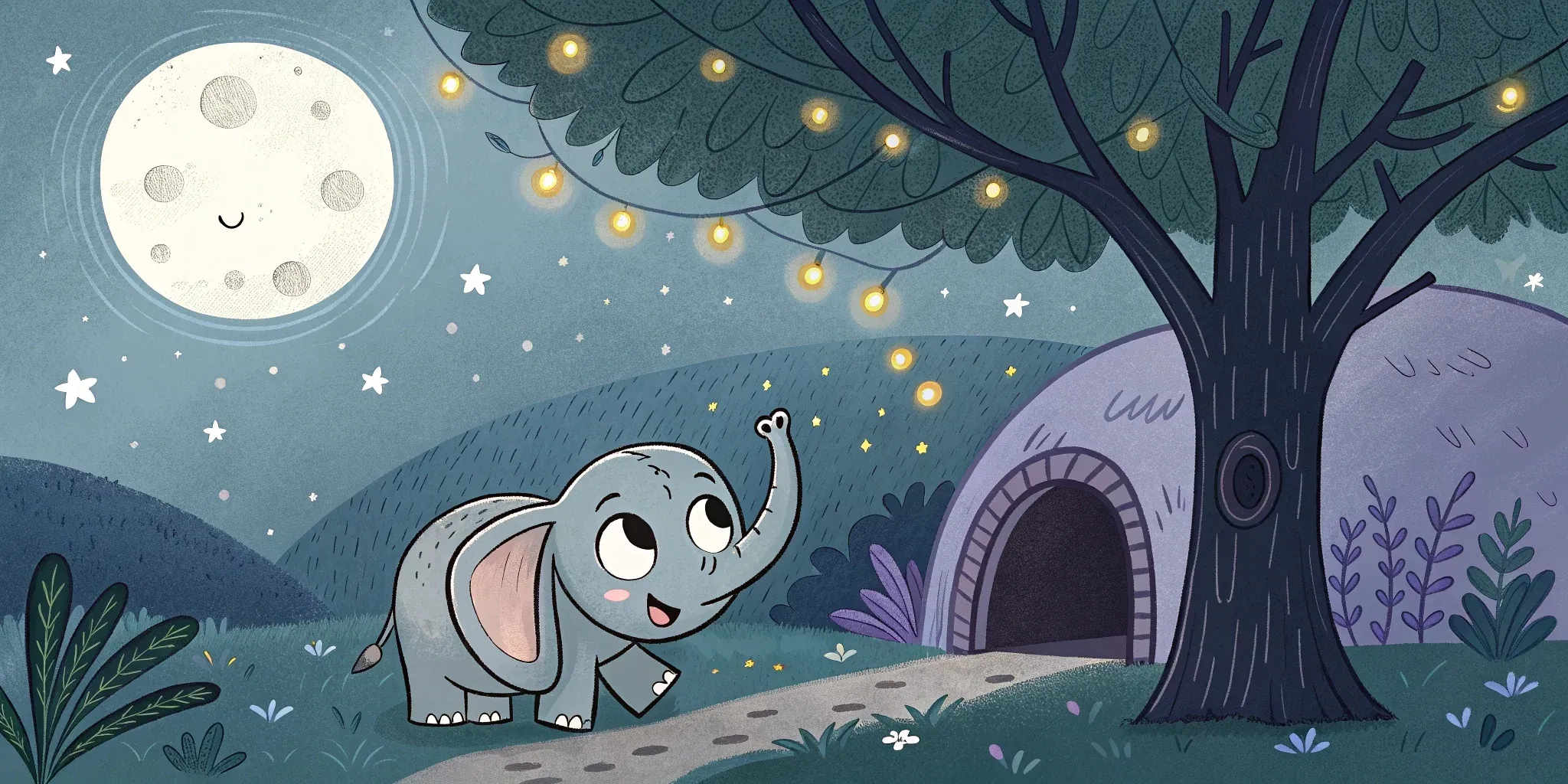 Ellie the elephant stepping out from her snug little den, with a path lit by shimmering fireflies and a glowing moon overhead