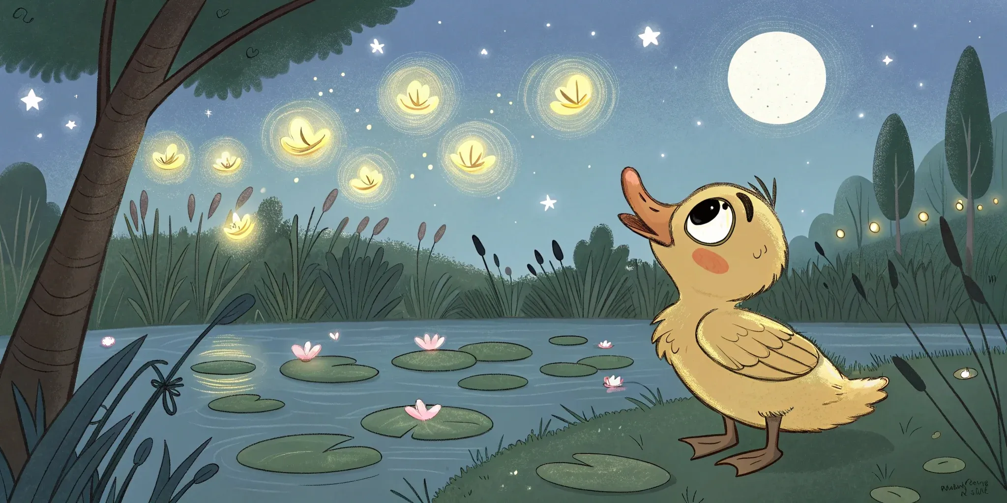 Magical fireflies creating a light show around the little duckling