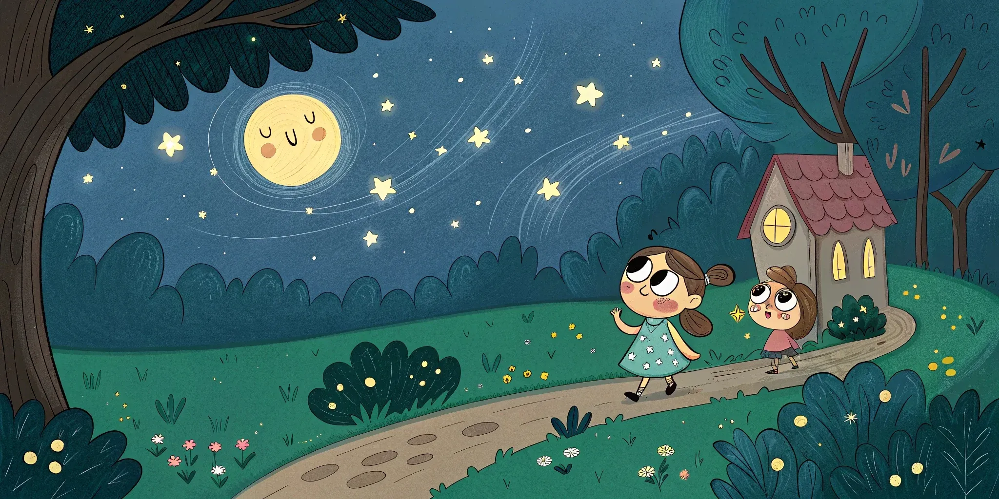 A trail of twinkling fireflies guiding Aria and Squeaky through a lush, green forest path under a starlit sky