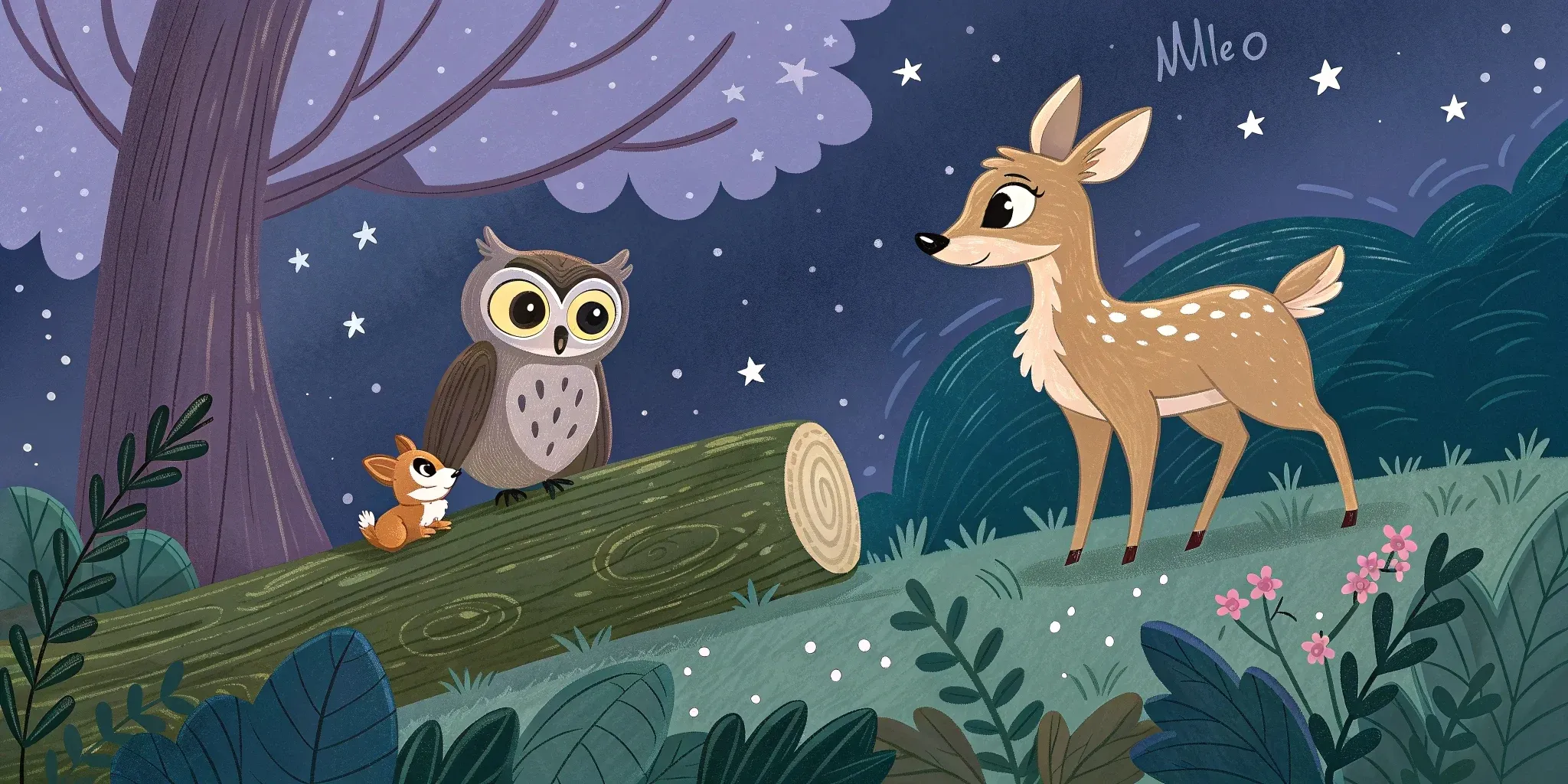 A wise owl perched on a mossy log and a gentle deer standing by, with Milo listening intently under a starry sky