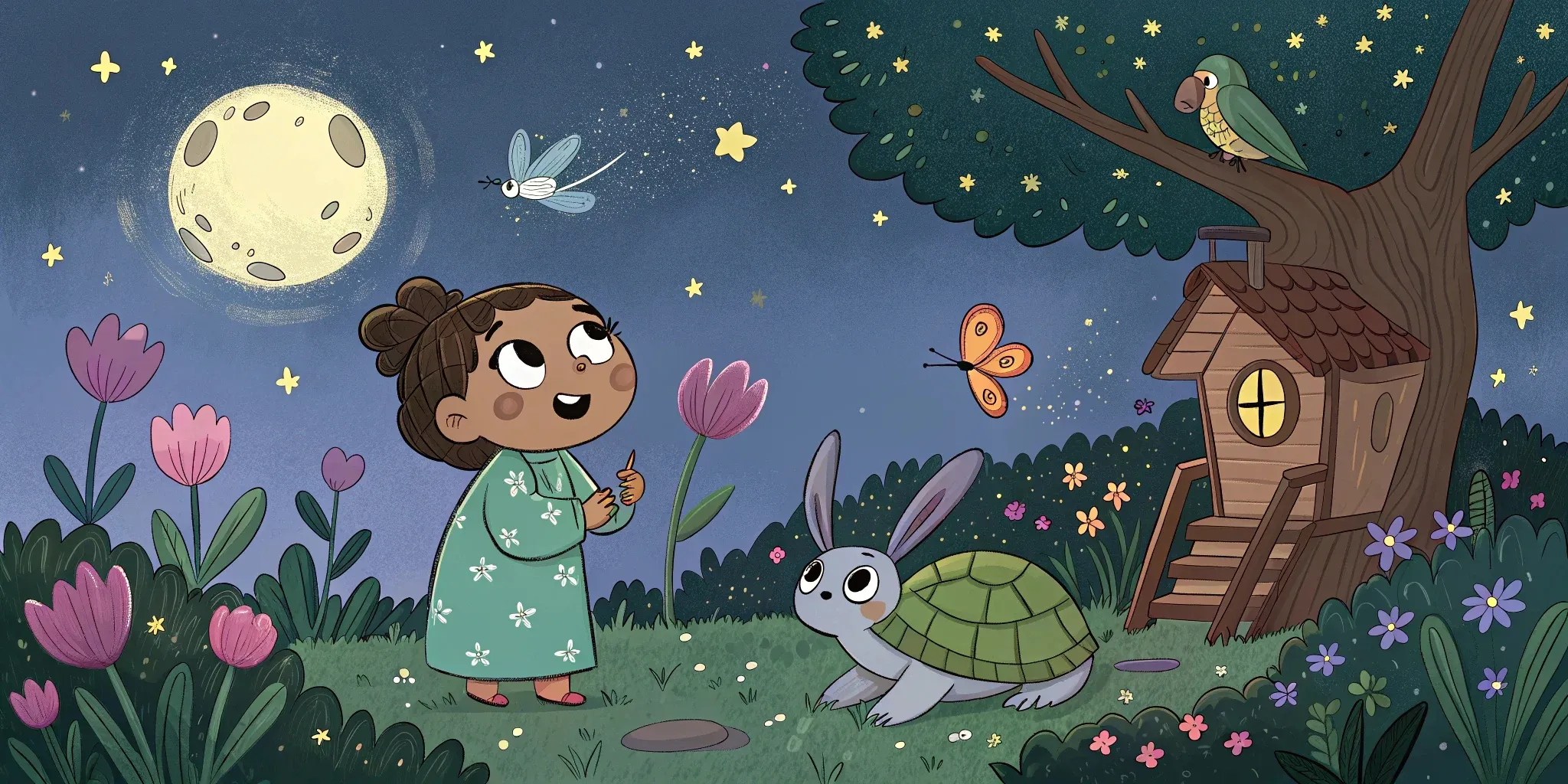 Tessa meeting her new friends - Toby the turtle, Ruby the rabbit, and Hani the hummingbird in the magical garden