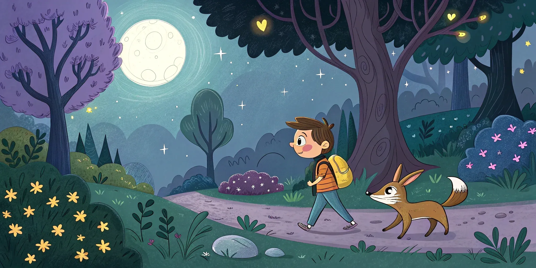 The journey home through the moonlit forest with all of Ben's new friends