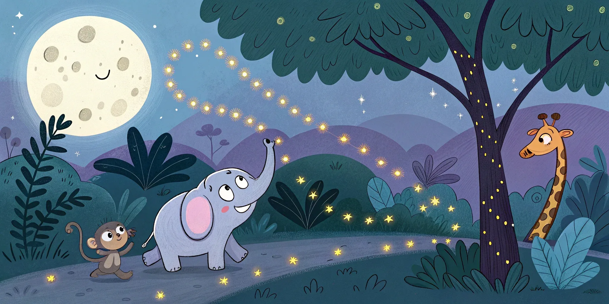 A sparkling trail of fireflies winding through the jungle, with Ellie and her friends joyfully following under a radiant moon