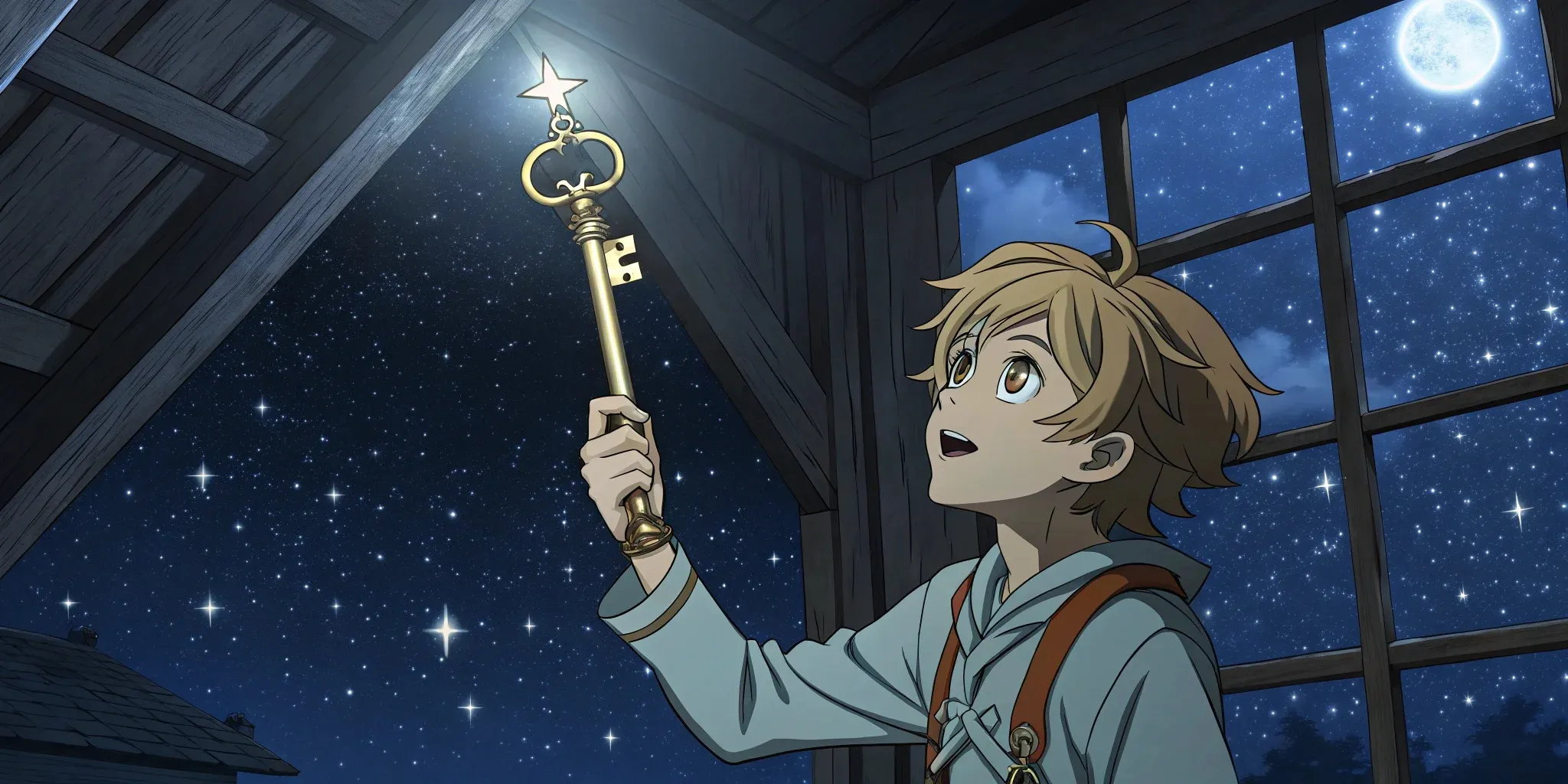 Leo holding the gleaming key, eyes wide with wonder, as the attic window reveals a starry night outside