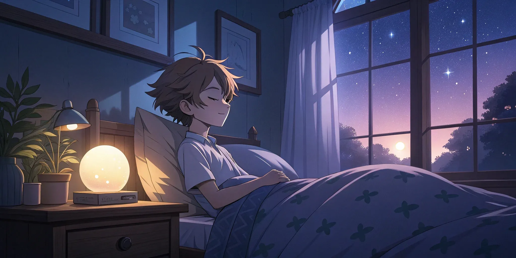 Leo back in his cozy bedroom at dawn, with the glowing orb on his bedside table and the soft light of morning filtering through the window