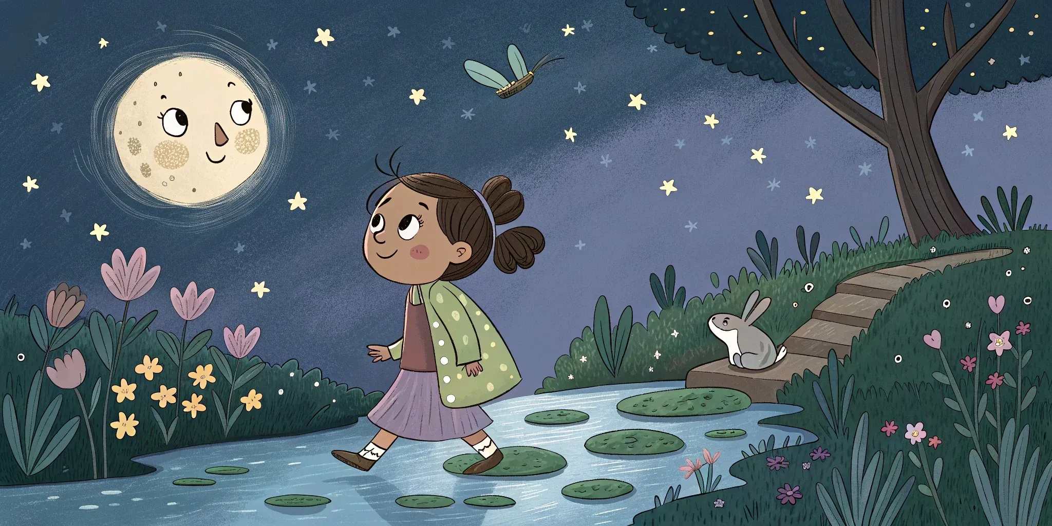 Tessa crossing a softly lit brook on glowing stepping stones, with shimmering water reflecting the moon and stars