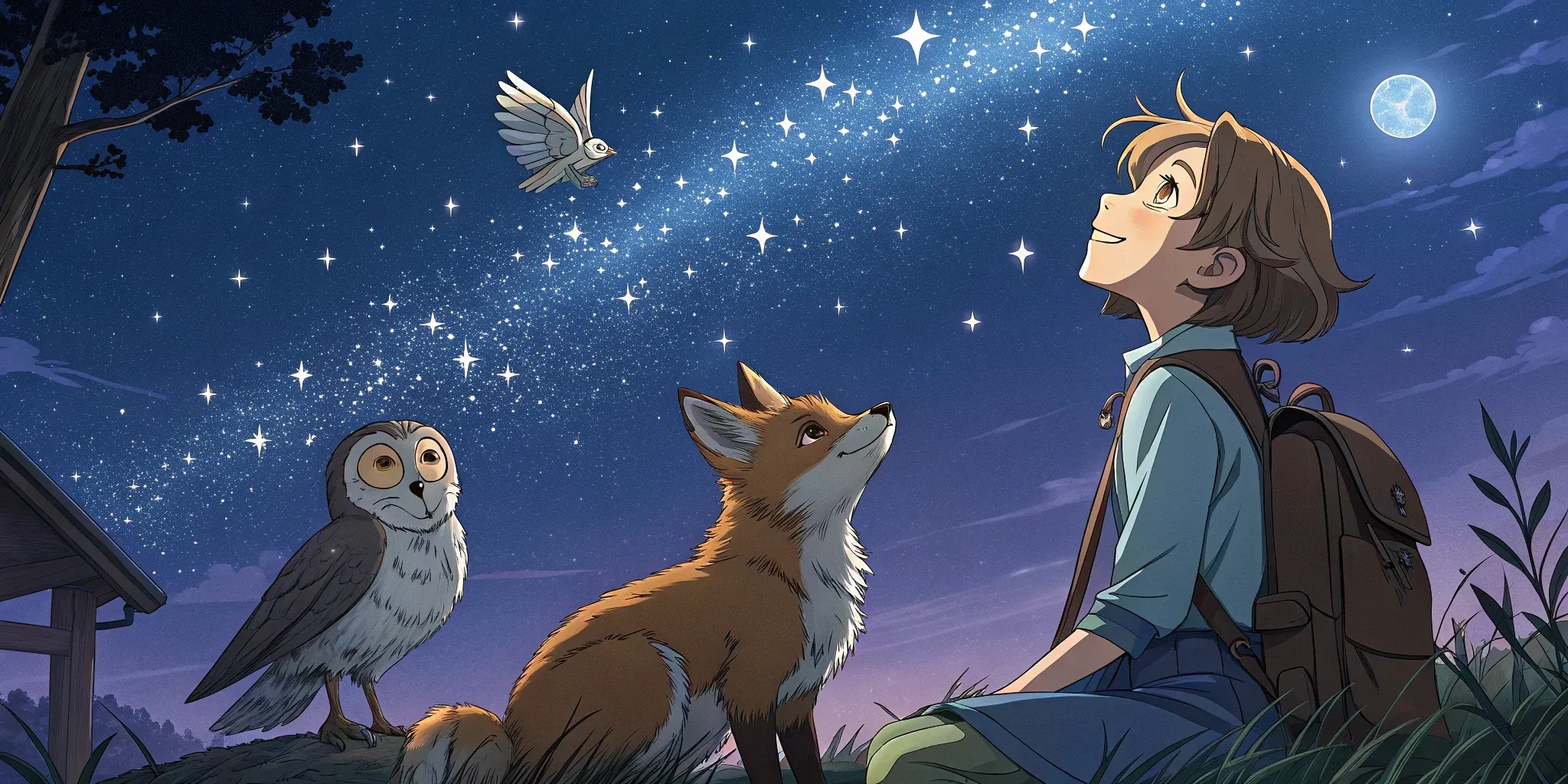 Leo with Eira the fox, Orion the owl, and Lyra the sprite gathered under a canopy of sparkling stars