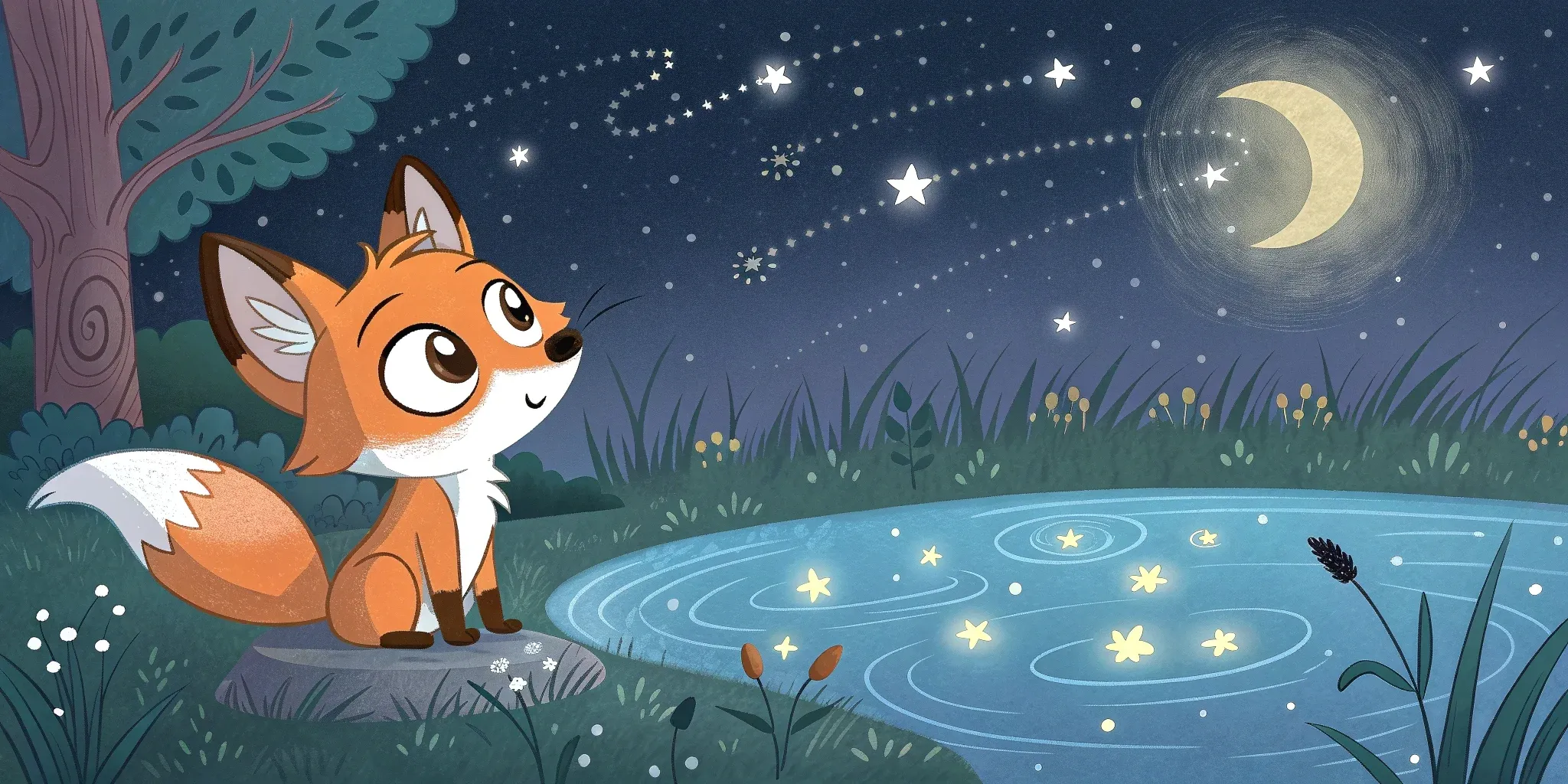 Milo looking into the magical pond with sparkles and dream reflections