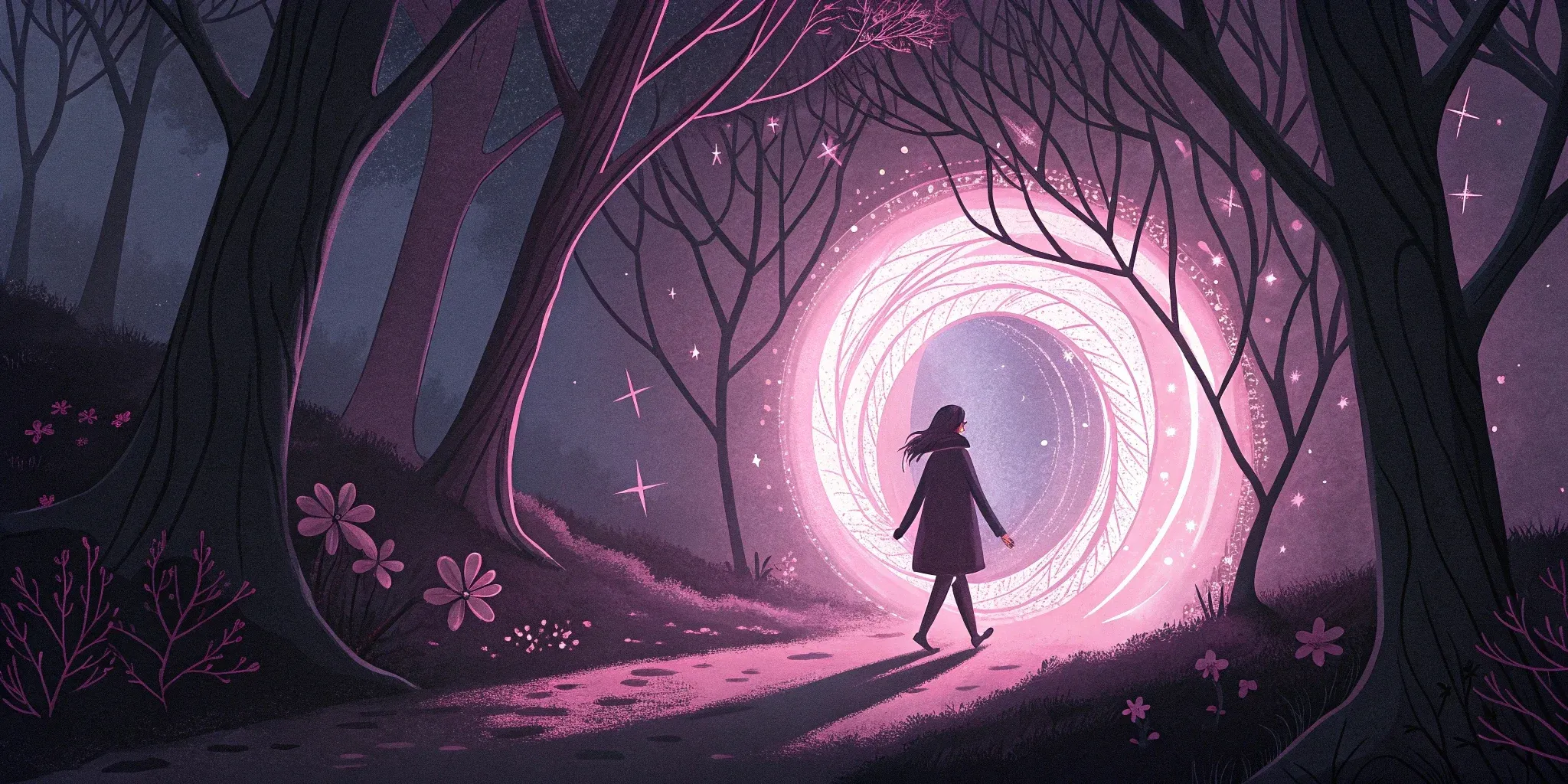 Celeste stepping through a swirling portal of light, leaving behind the familiar world and entering a realm of glowing trees and sparkling streams