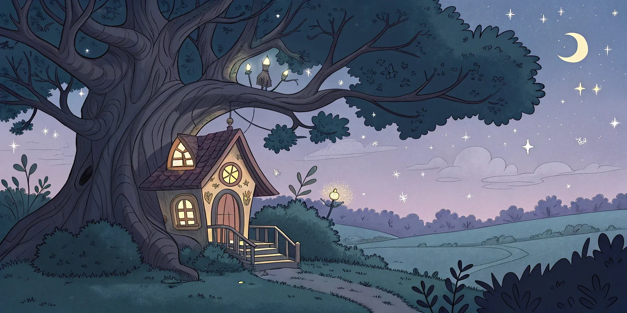 A magical, glowing treehouse nestled in the branches of an ancient oak, bathed in soft twilight