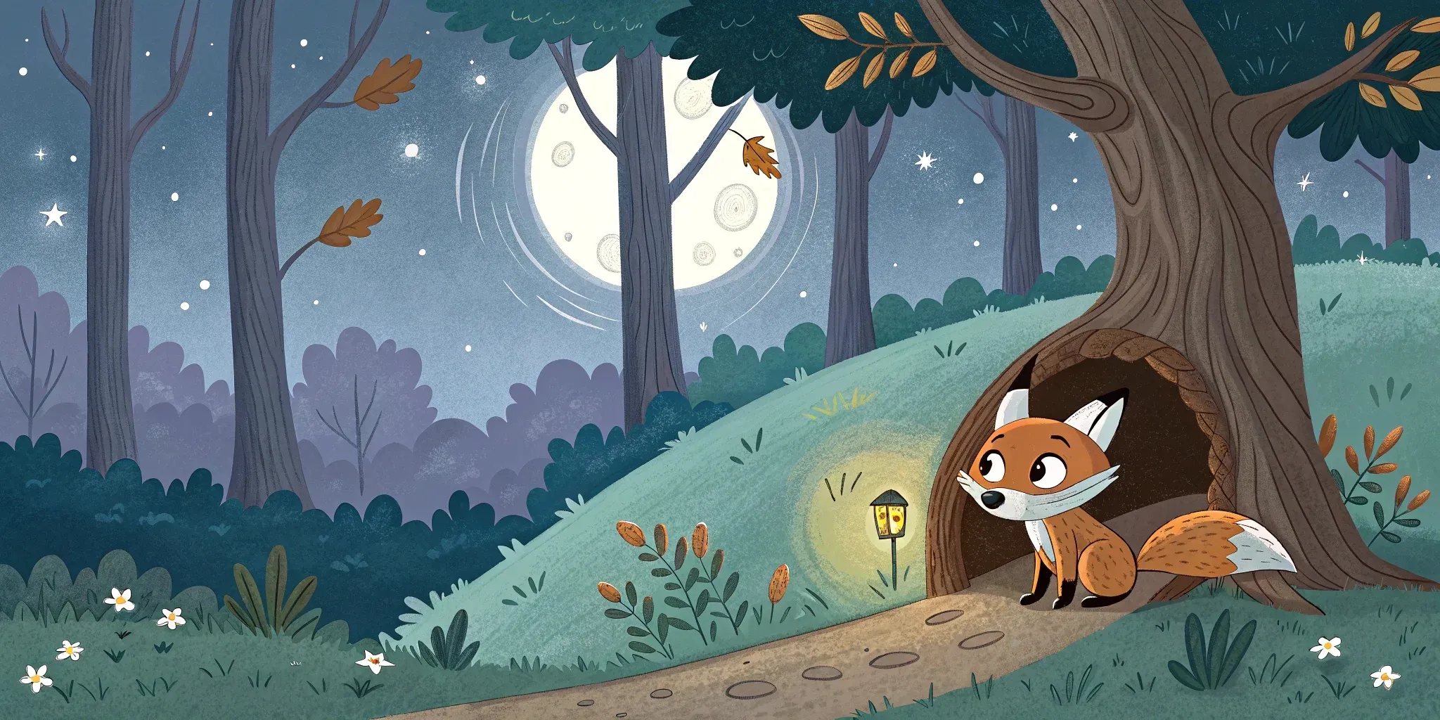 Milo, the little fox, stepping out of his den into a dew-kissed forest path under a glowing moon