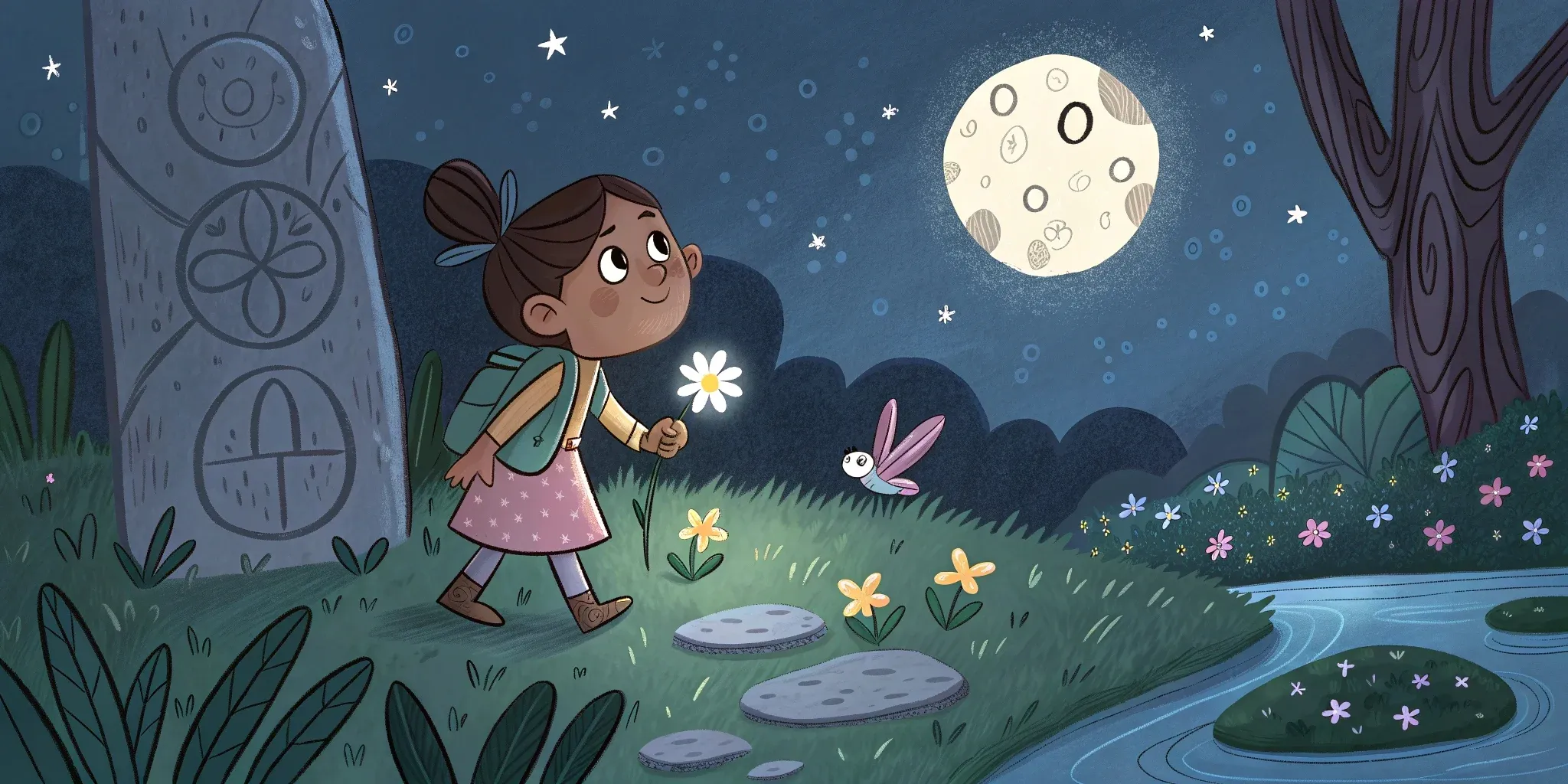 Tessa discovering the magical flower under moonlight with the ancient stone riddle