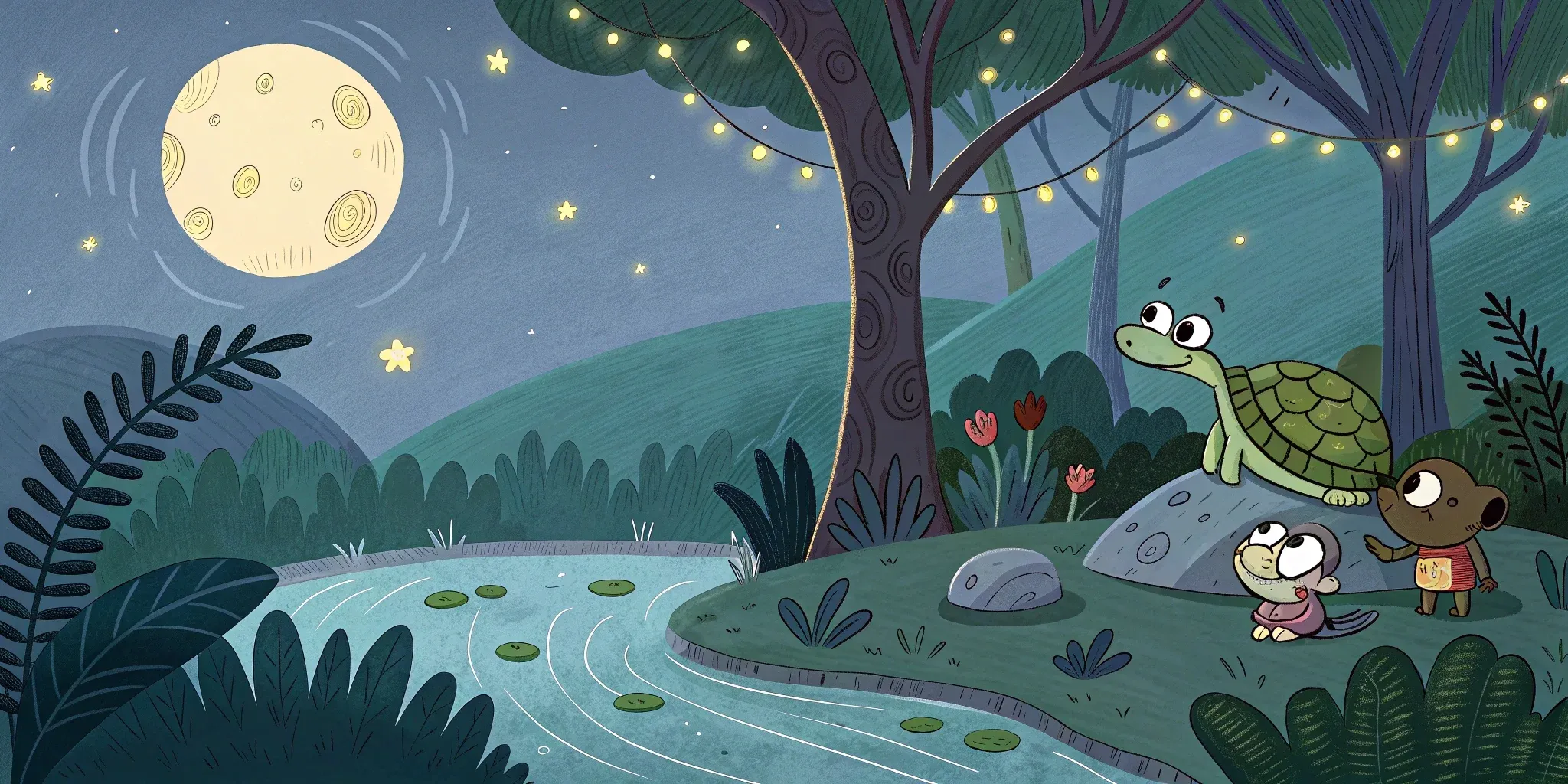 A calm pond with moonlit ripples, surrounded by lush moss and ferns, with Toby the turtle perched on a stone and the group of friends gathering nearby