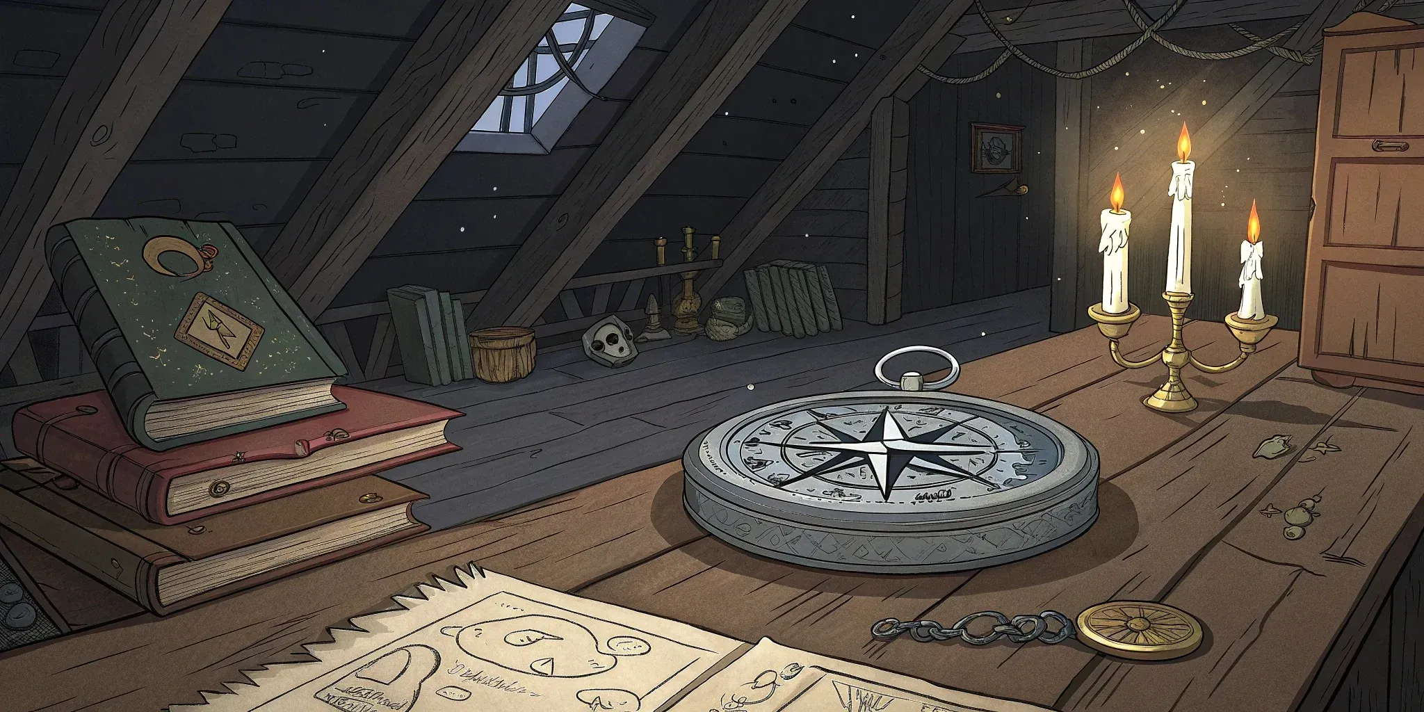 A mysterious silver compass resting on an ancient wooden desk, illuminated by flickering candlelight in a dusty attic