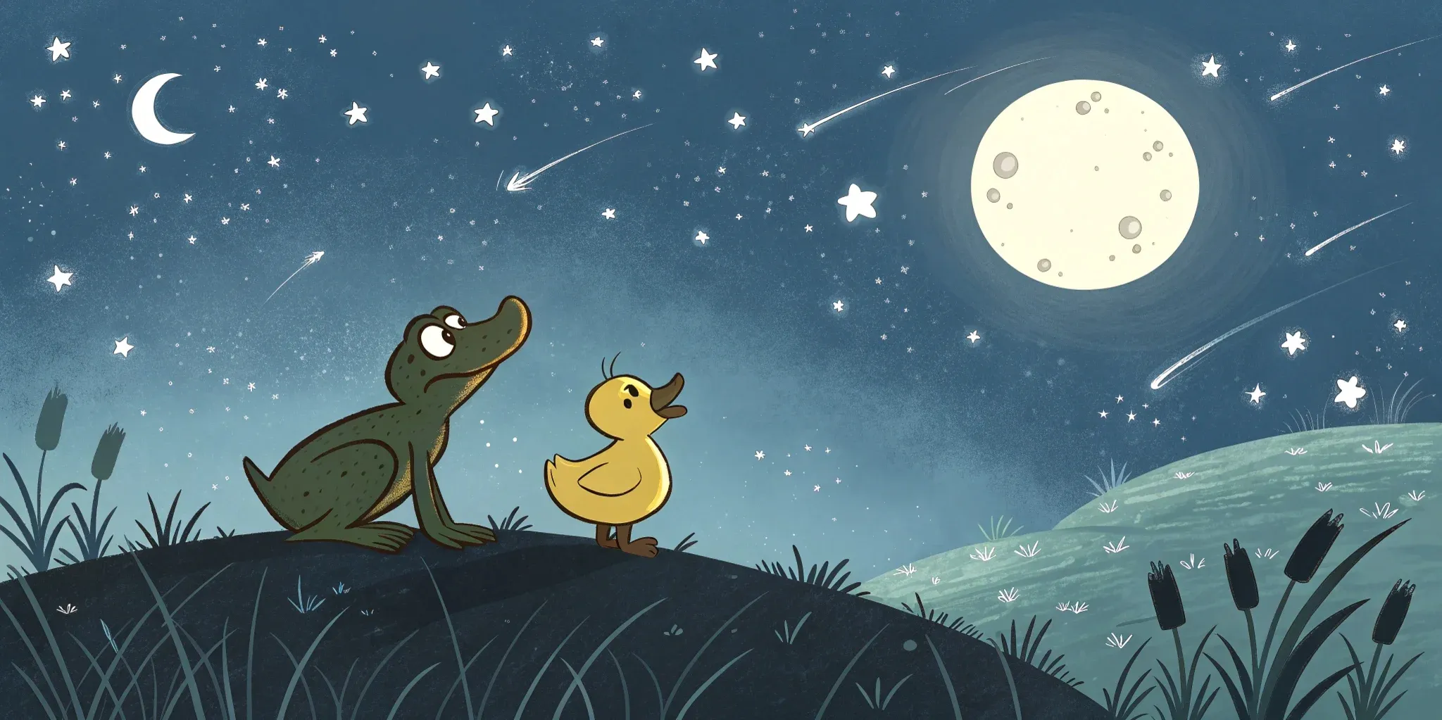 Silhouettes of Froggy and Ducky against the starlit sky