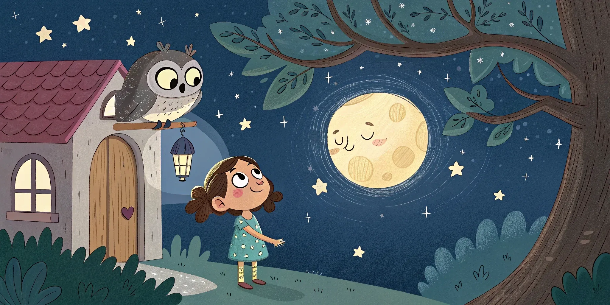 owl perched on a gnarled branch, speaking kindly to the girl beneath a glowing moon