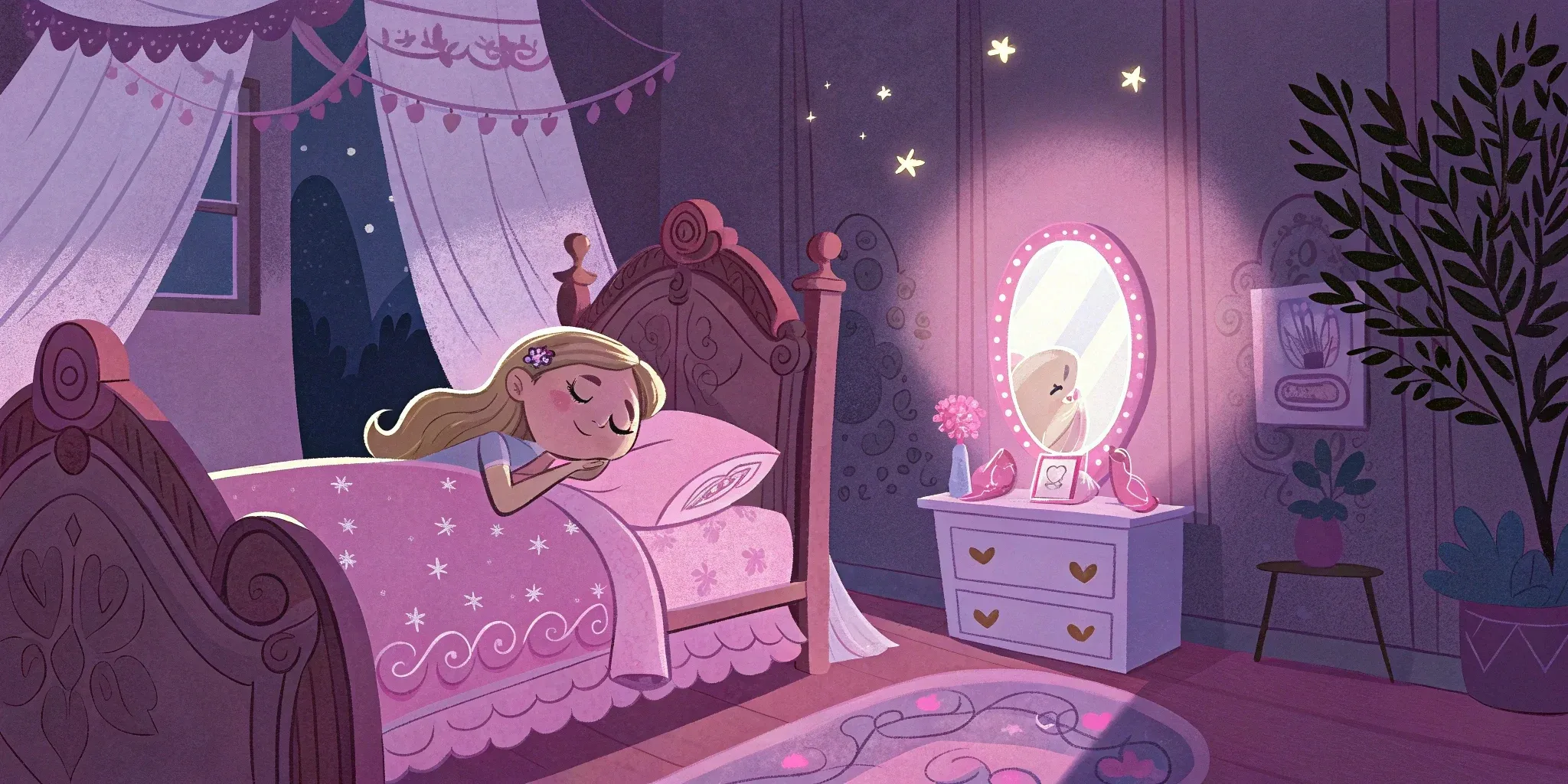 Celeste peacefully sleeping with the mirror glowing softly on her bedside table