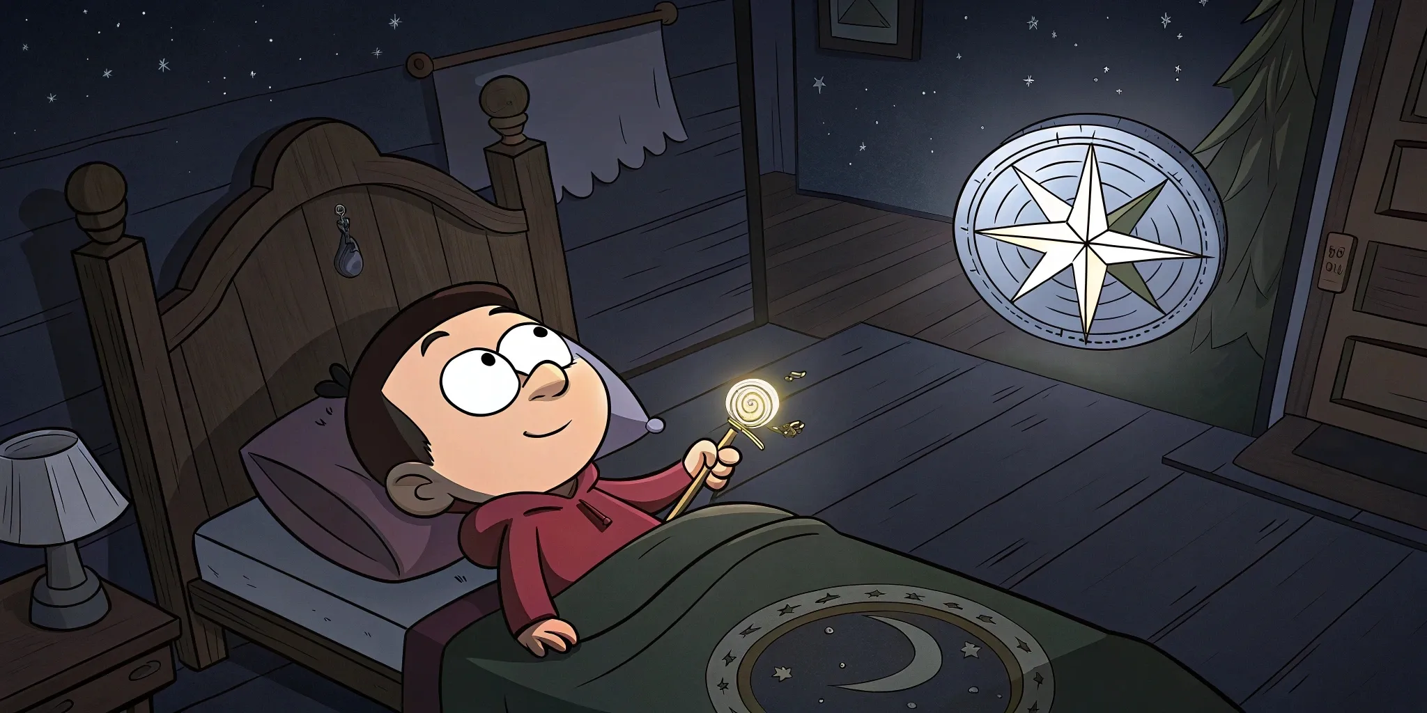 Julian peacefully sleeping in his bed with the silver compass and Star of Dawn glowing softly nearby