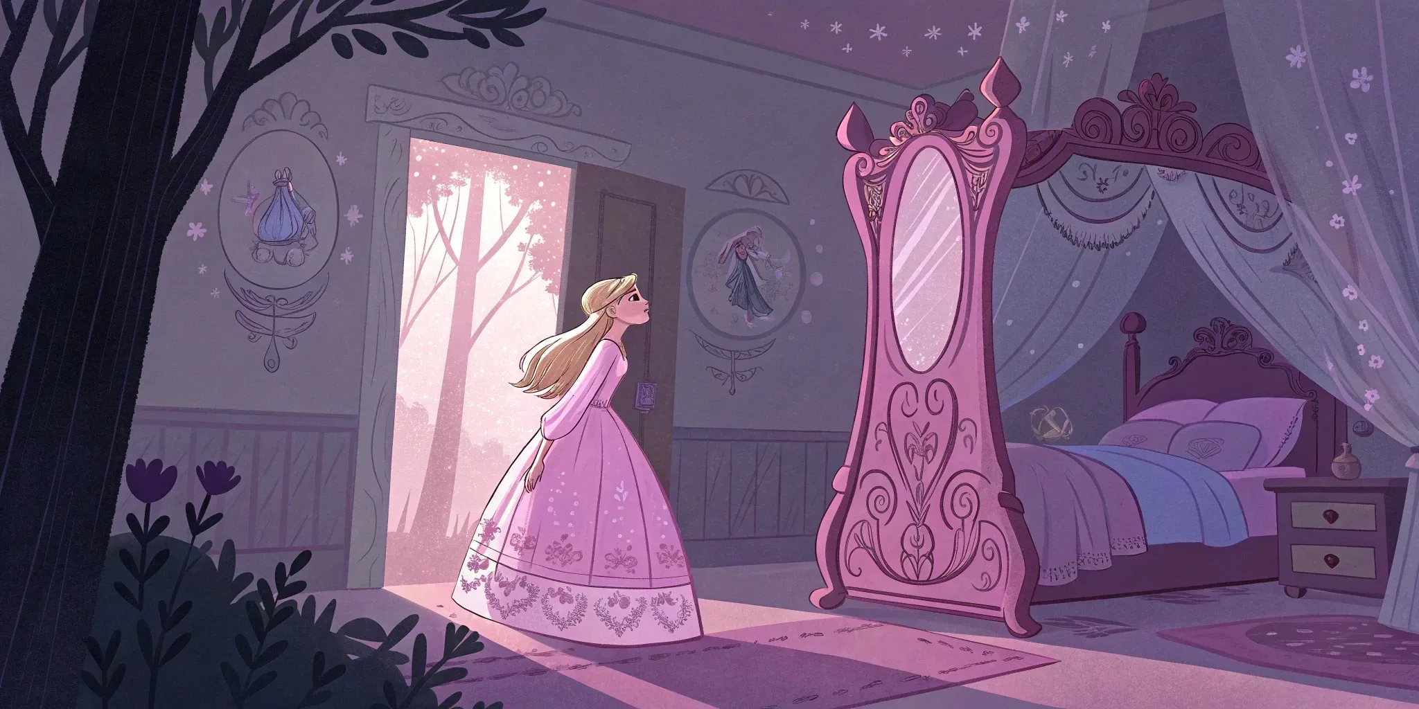 Celeste returning through the mirror to her room at dawn