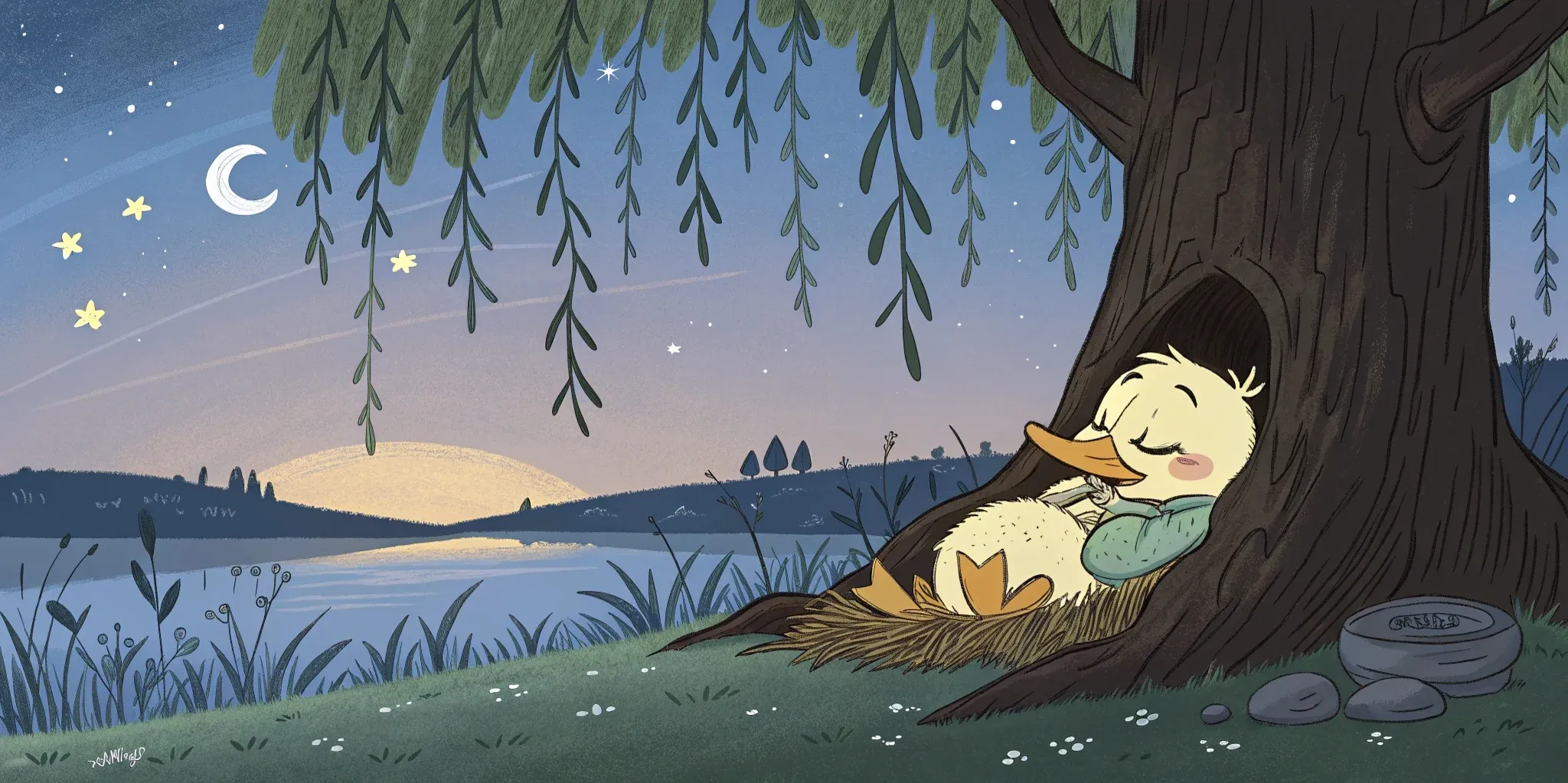 A peacefully sleeping duckling as dawn approaches