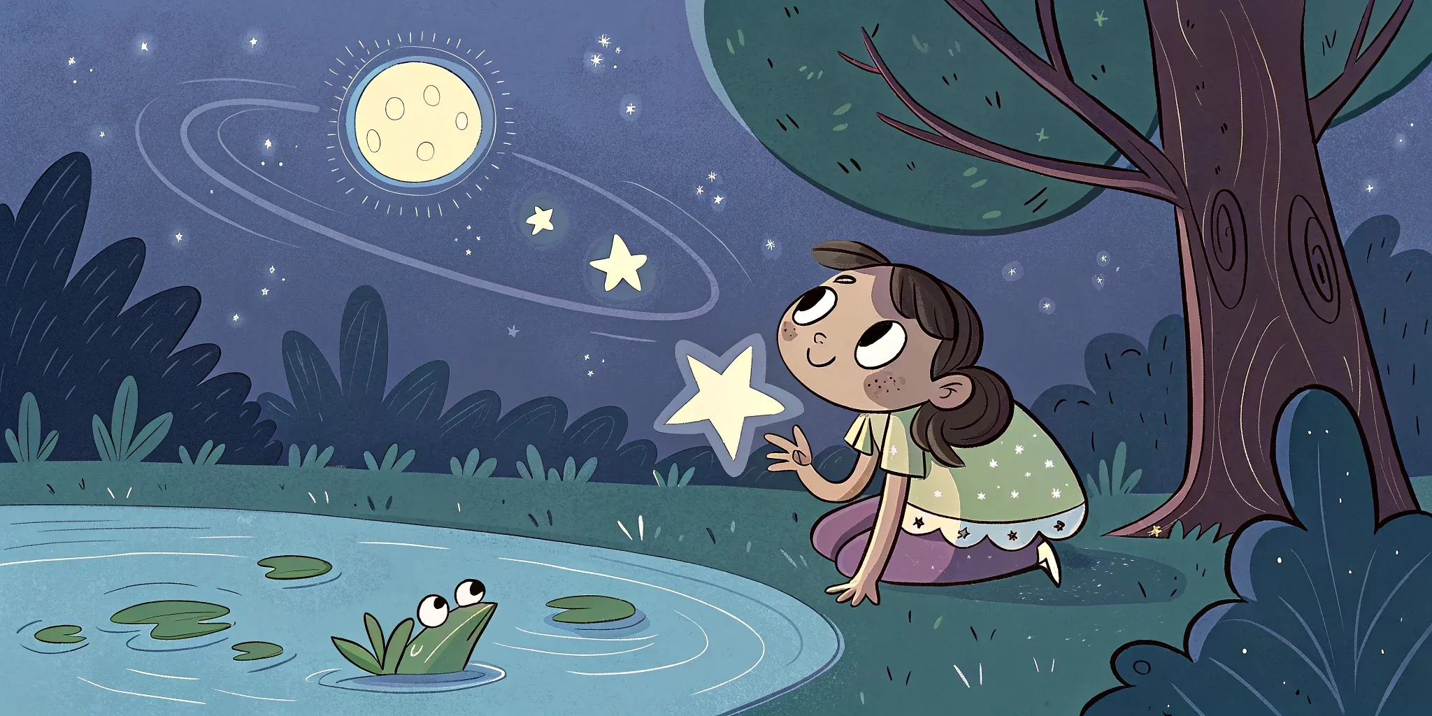 A majestic scene of the lost star ascending into the night sky, reuniting with a blanket of twinkling stars, as Aria and her friends watch happily