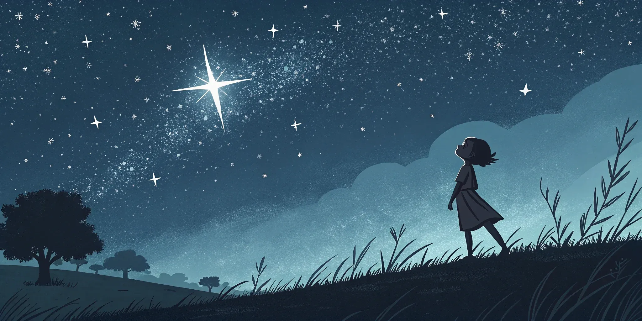 A soft, enchanting illustration of a starlit sky with one bright star missing, and a small silhouette of a brave girl looking up