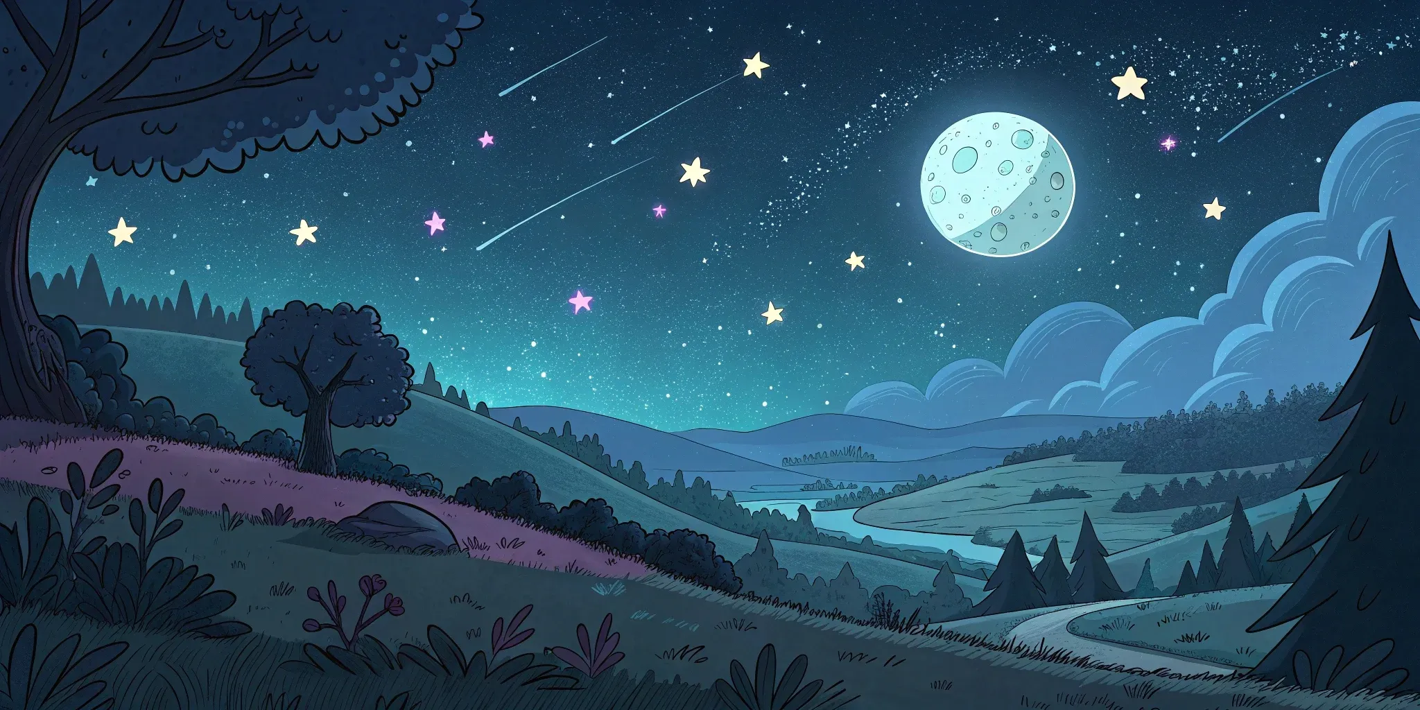 A panoramic view of Starlight Valley, with a glowing moon and a gap in the starry sky