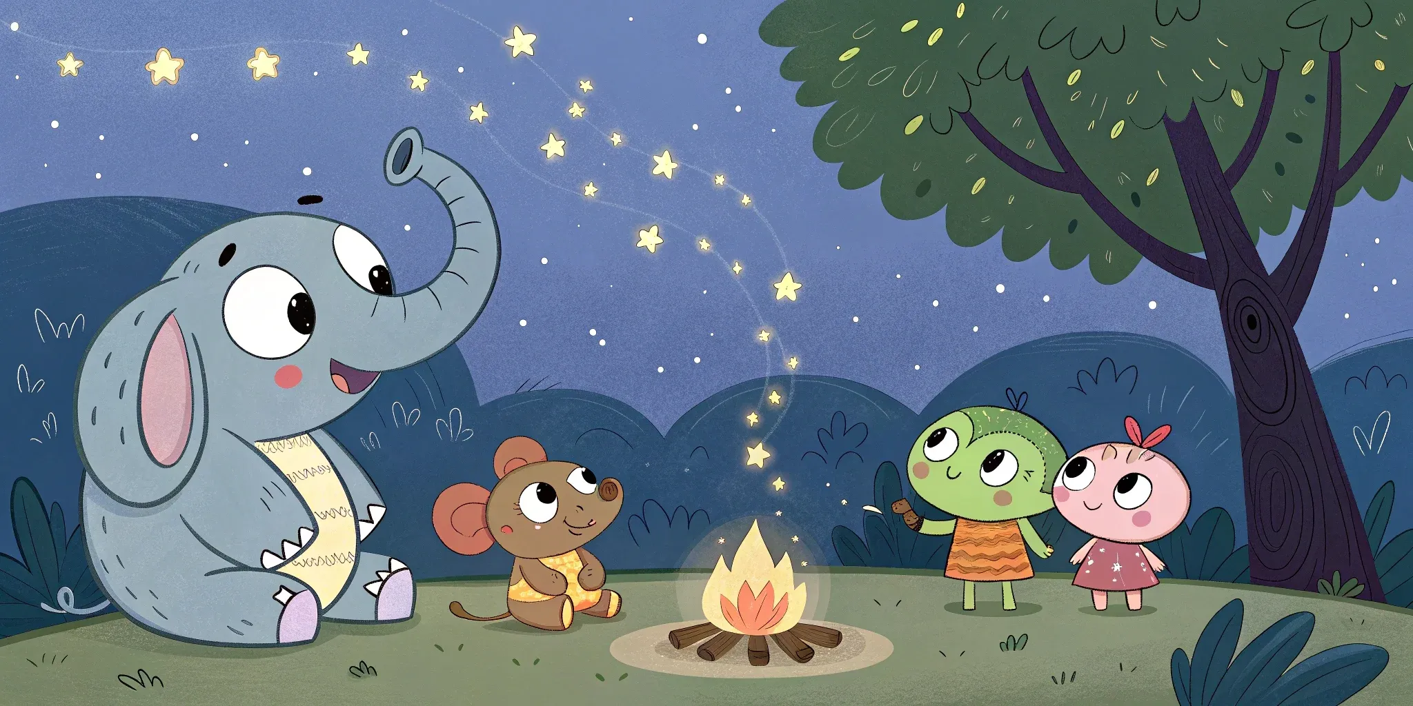 A tender scene of Toby the turtle telling a story, with Ellie, Mimi, Lulu, and Pippin listening intently under a sky bursting with twinkling stars