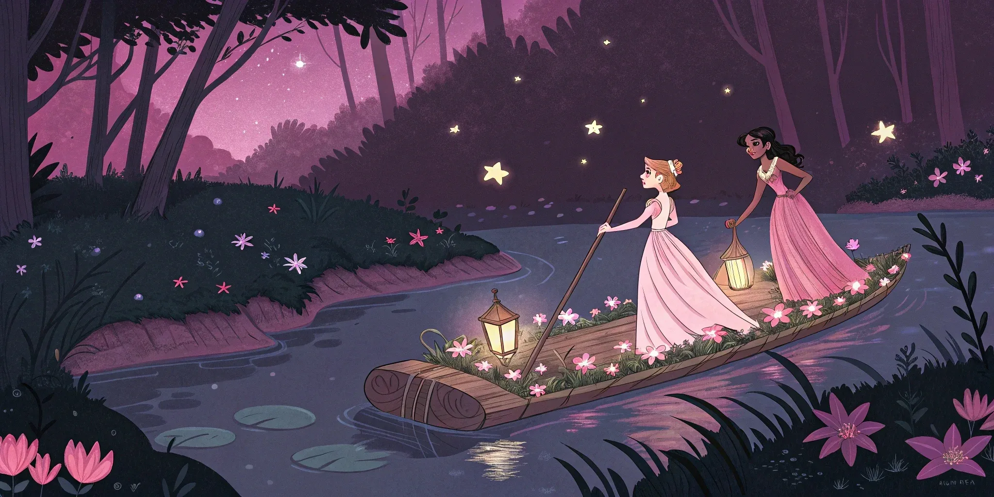 Celeste and Luna crossing the luminescent stream on a handmade raft