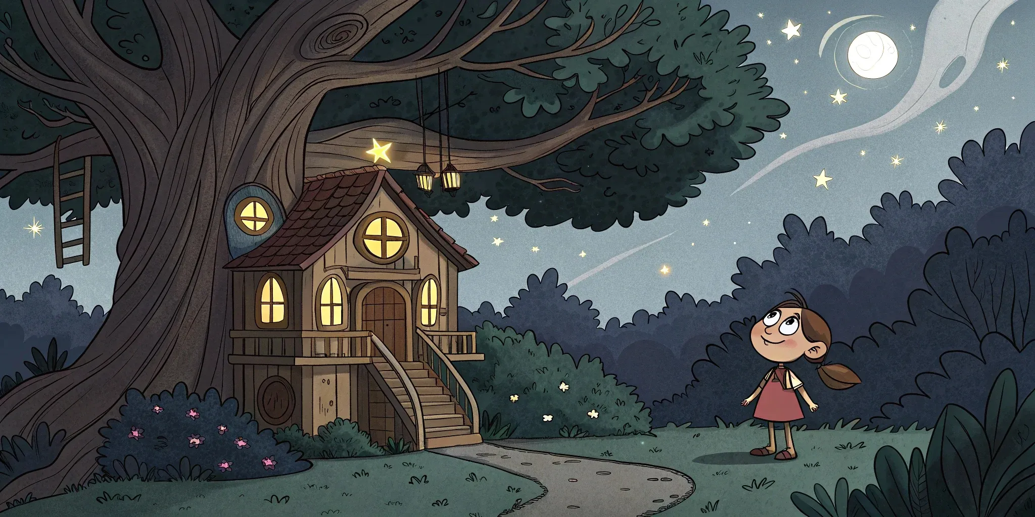 Tessa, with bright eyes and a determined smile, standing before the glowing treehouse among towering oak trees