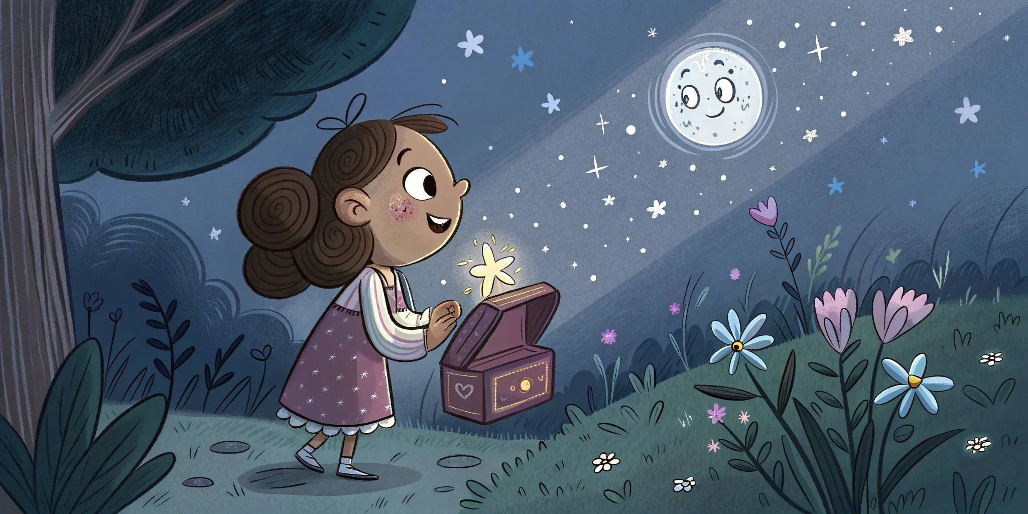 Tessa holding the ornate box with the sparkling gem inside, surrounded by the glowing flower and a starlit sky