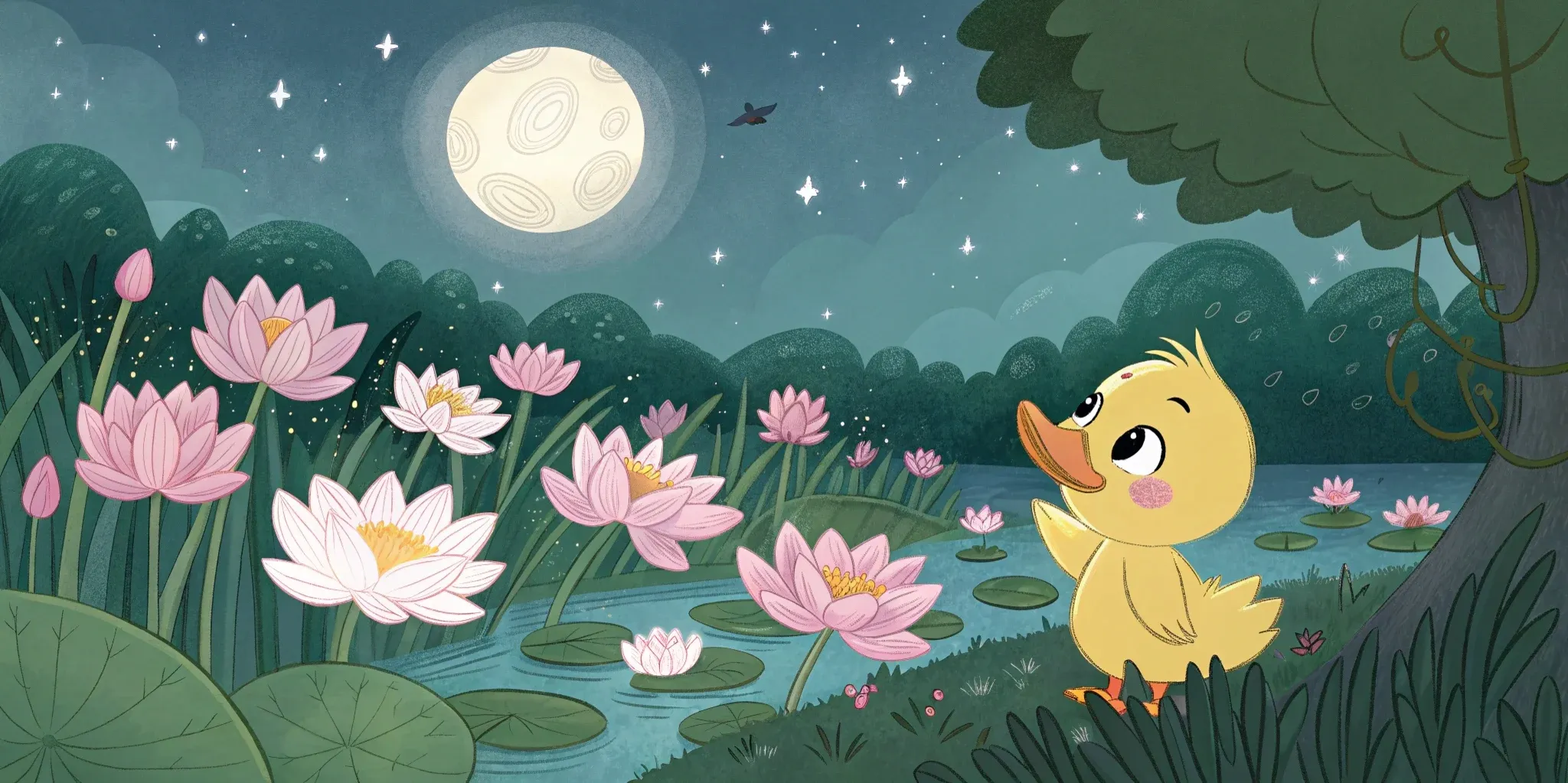 Delicate water lilies glowing under moonlight with Ducky