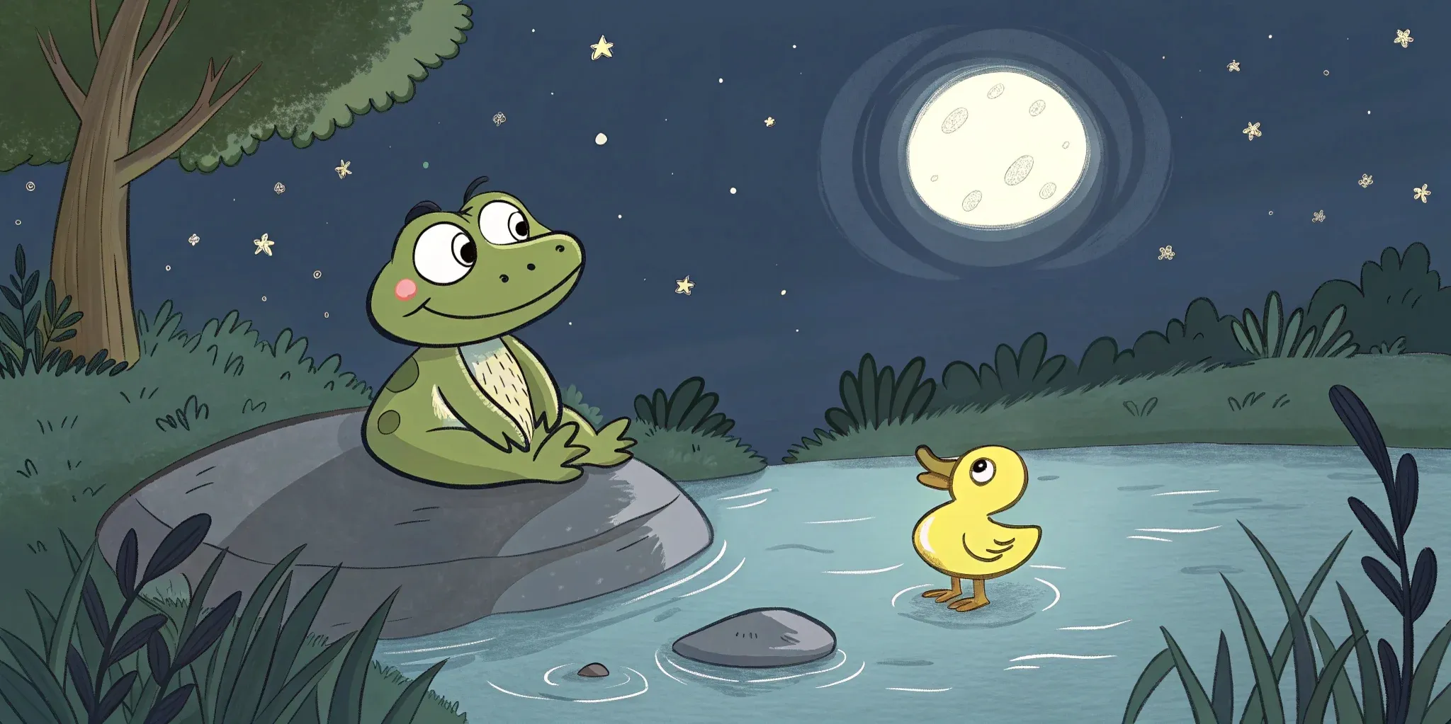 A wise frog sharing stories with an attentive duckling